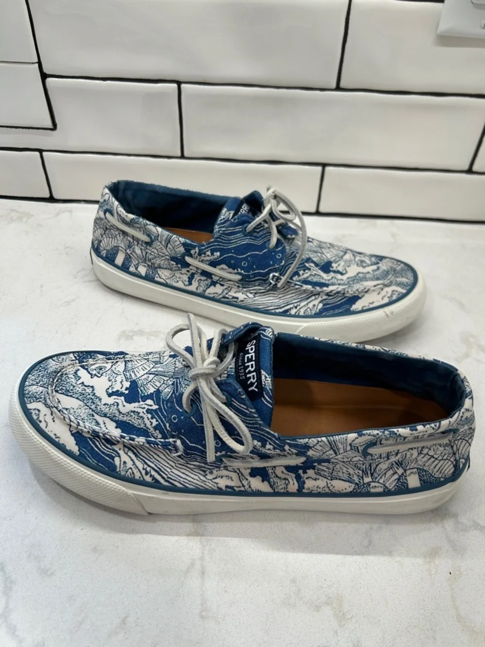 Sperry Top-Sider | Men 10.5 | Blue & White Bahama Coral Print Boat Shoes Slip-On
